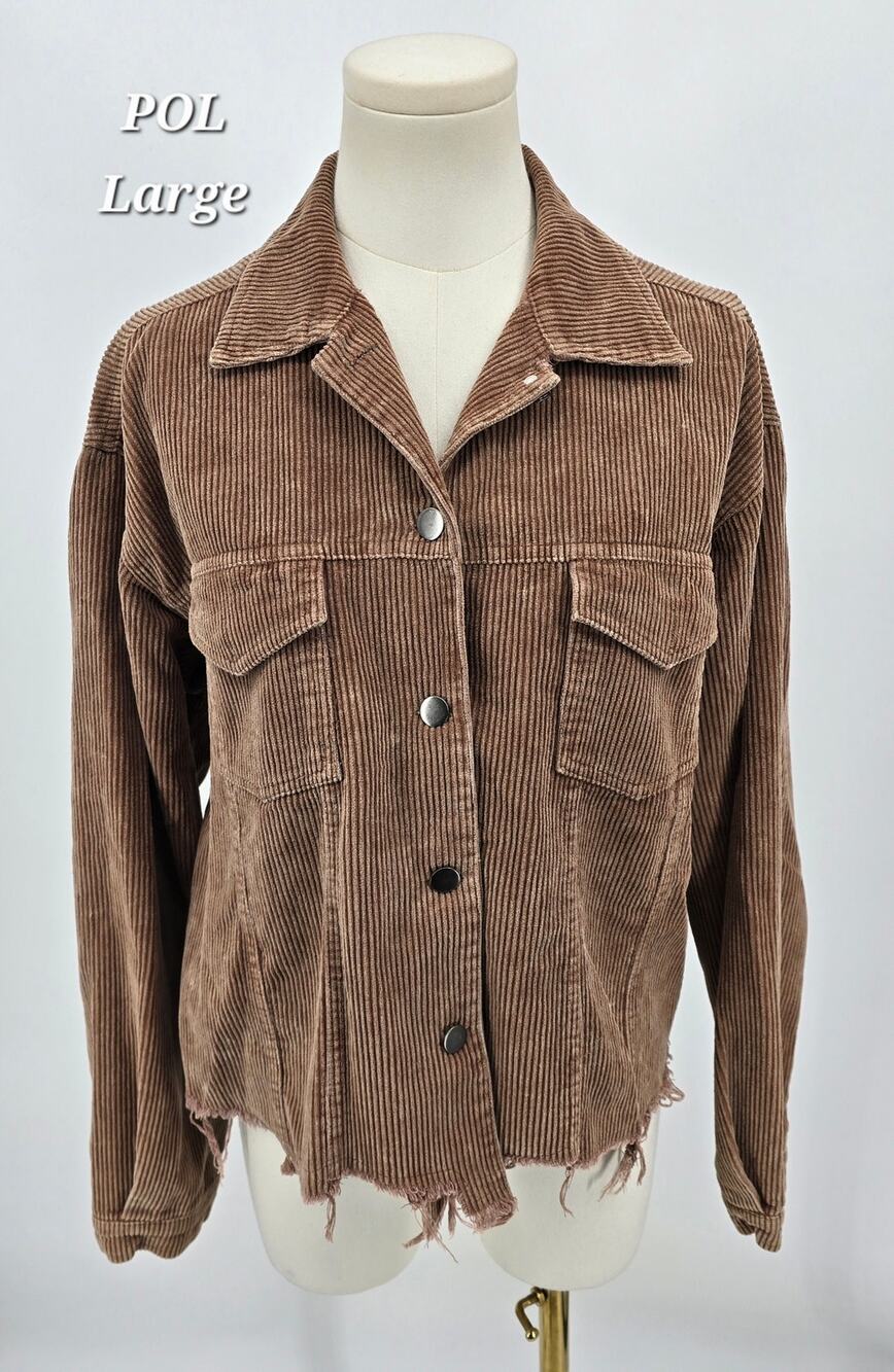 POL Boho Festival Indie Sleaze Corduroy Cropped Jacket Distressed Hem Tan Brown